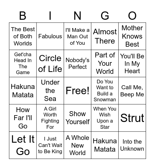 Musical BINGO - Disney Bops Bingo Card