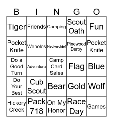 Pinewood Derby Bingo Card