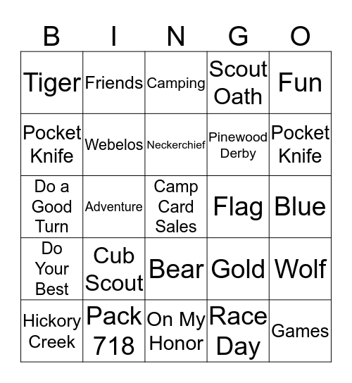 Pinewood Derby Bingo Card