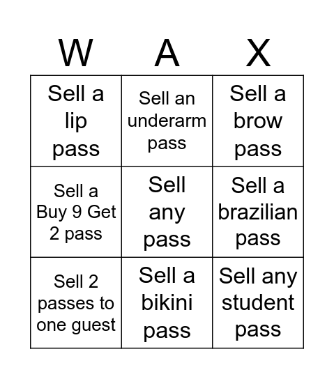Wax Pass BINGO Card