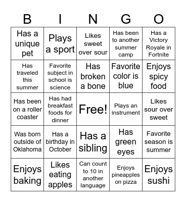 CHAMP Camp Bingo Card