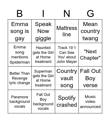 Speak Now (Taylor's Version) Bingo Card