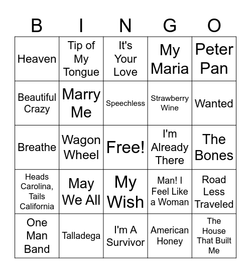 Jasmine's Country Playlist Bingo Card