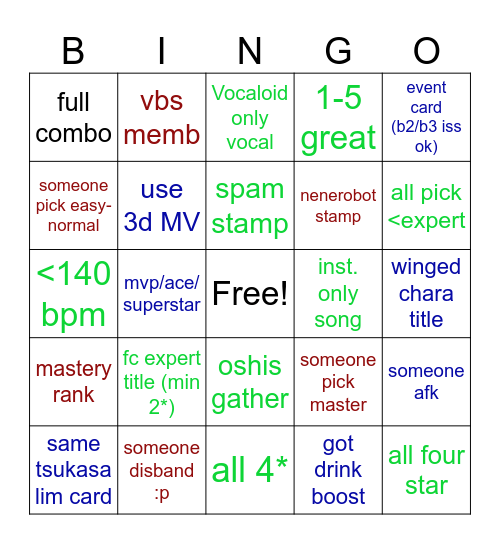 JPSekai Multilive! Bingo Card