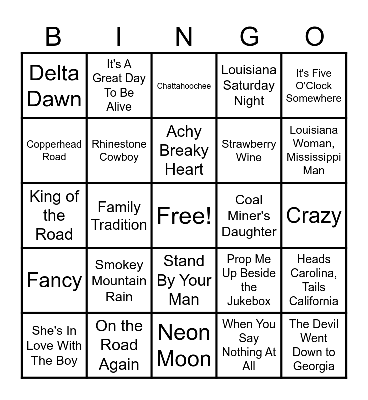 Country Classics Bingo Card