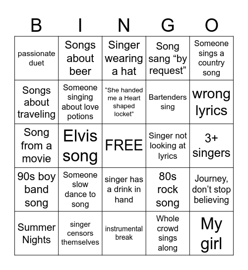 karaoke Bingo Card