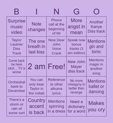 Speak Now TV Predictions Bingo Card