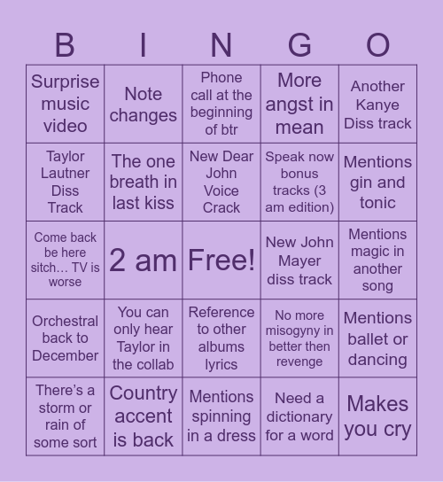 Speak Now TV Predictions Bingo Card