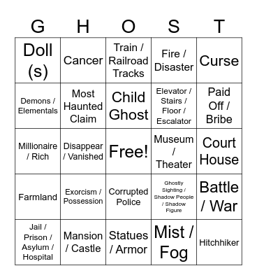 Hometown Ghost Bingo Card