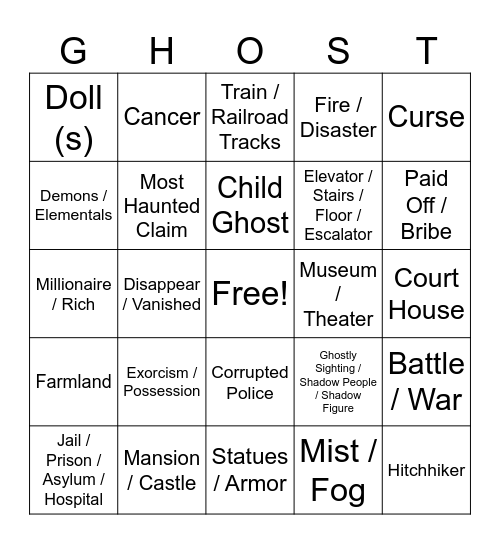 Hometown Ghost Bingo Card