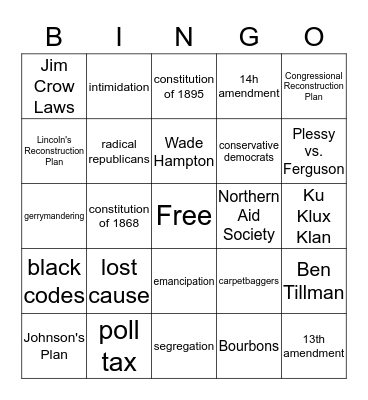 Reconstruction Bingo Card