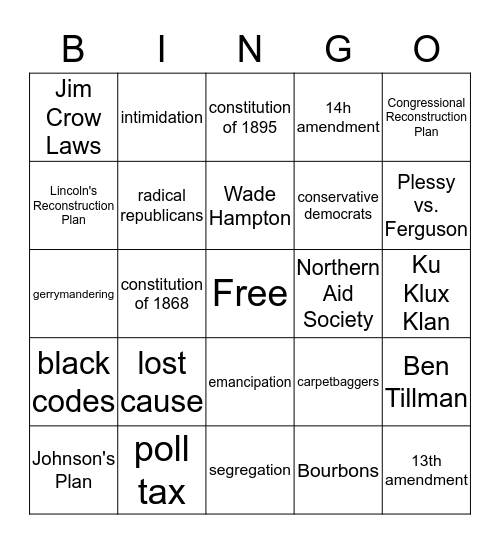 Reconstruction Bingo Card