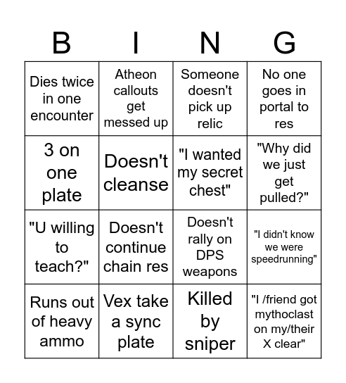 VoG Bingo Card