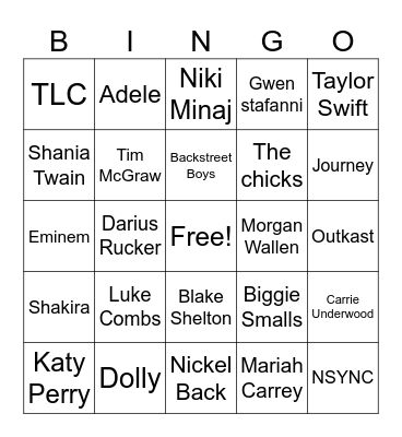 Music Artist Bingo Card