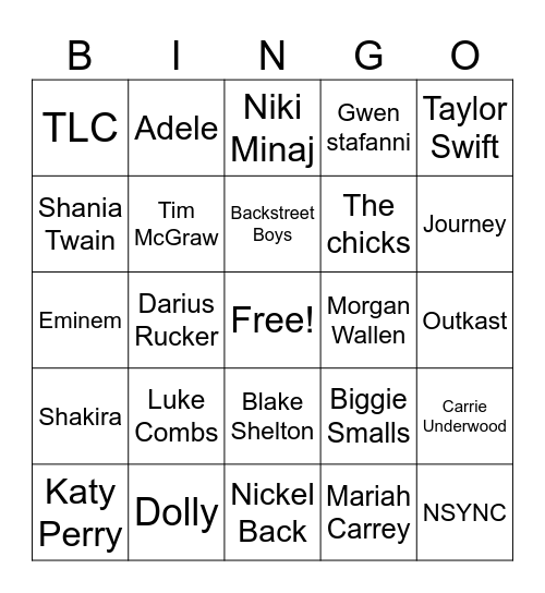 Music Artist Bingo Card