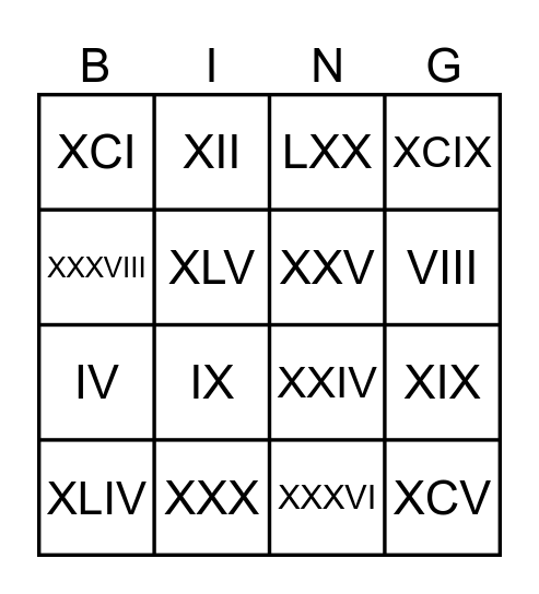 Roman Numerals Bingo Card