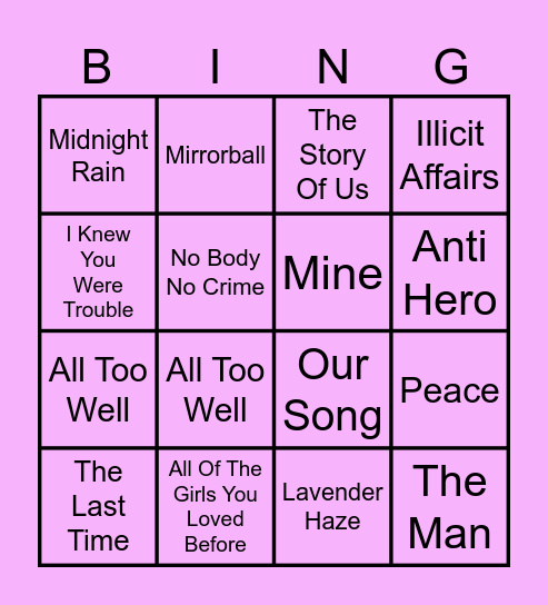 Taylor Swift Bingo Card