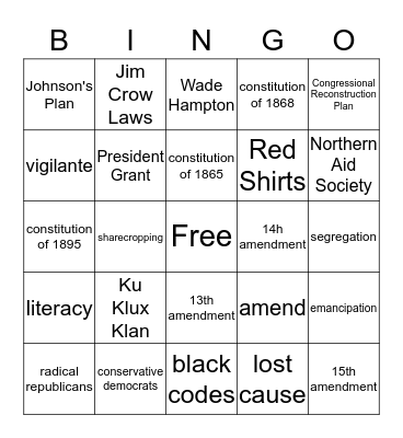 Reconstruction Bingo Card