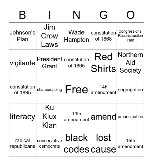 Reconstruction Bingo Card