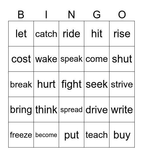 Irregular Past Tense Bingo Card