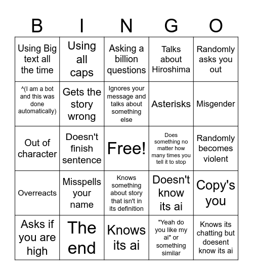 C.ai Character.ai Bingo Card