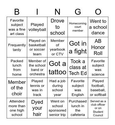 High School Memories Bingo Card