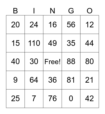 Multiplication Bingo Card