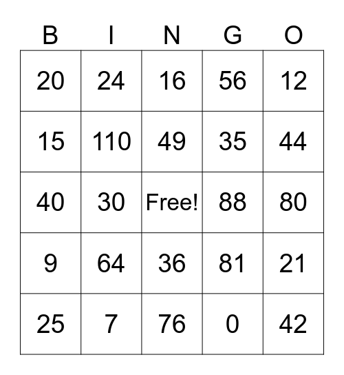 Multiplication Bingo Card