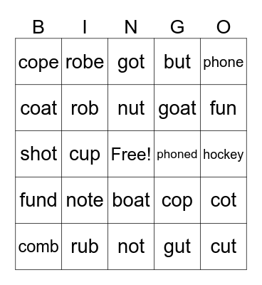 Minimal Pair Bingo /ow/, /ɑ/, /ə/ Bingo Card