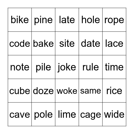 Long Vowel Blackout Bingo Card