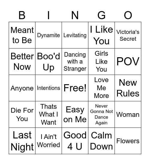 Musical BINGO - Today's Top Hits! Bingo Card