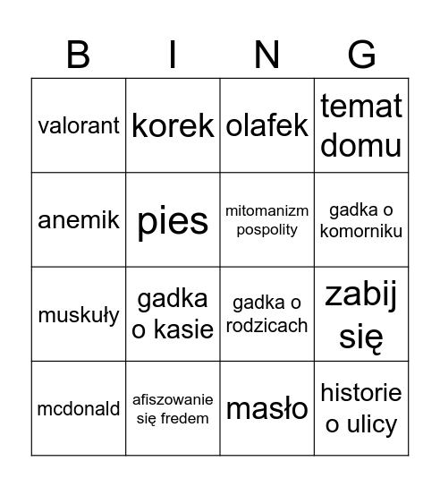 bingo koka w mordzie Bingo Card