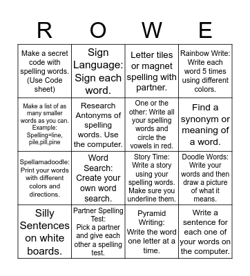 Word Work Bingo Card