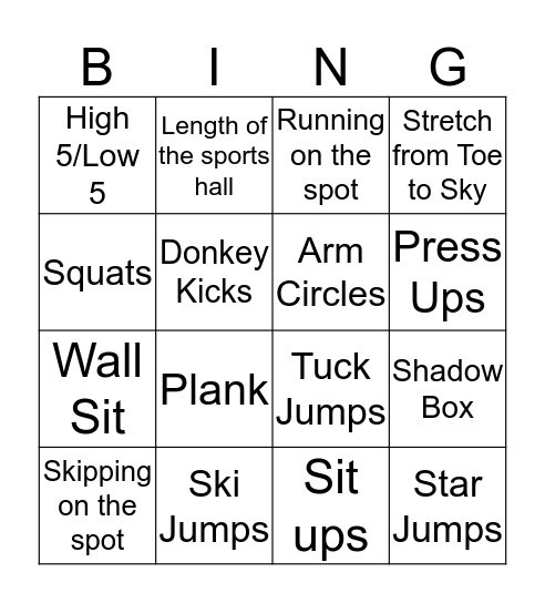 PGCE PE BINGO Card