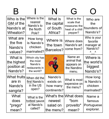 Nando's Bingo Card
