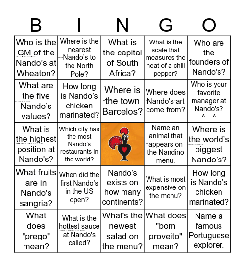 Nando's Bingo Card