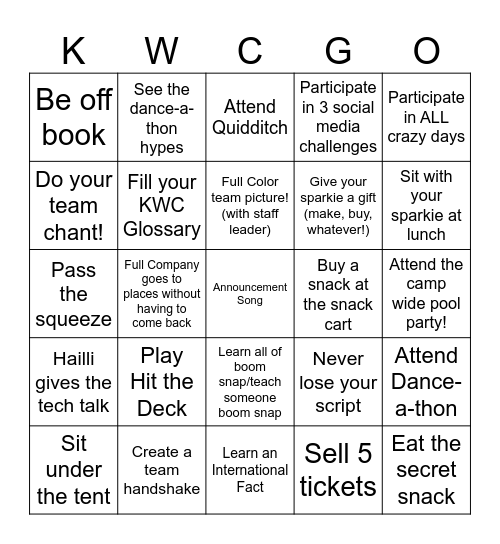 KWC July Bingo!! Bingo Card