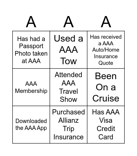 AAA Bingo To Win Bingo Card