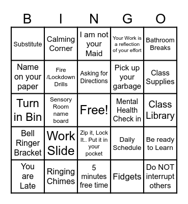 Back To School Bingo Card