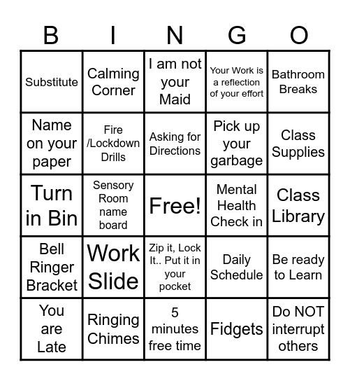 Back To School Bingo Card