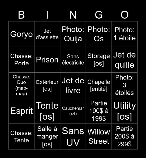 Phasmophobia Bingo Card
