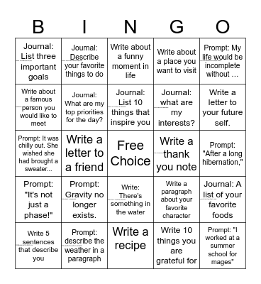 Bingo write/read prompts Bingo Card