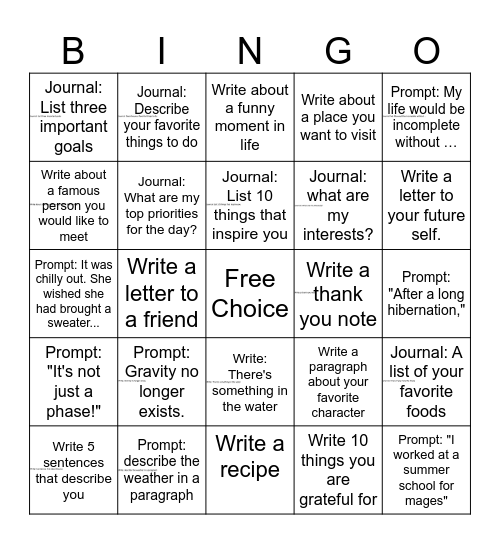 Bingo write/read prompts Bingo Card