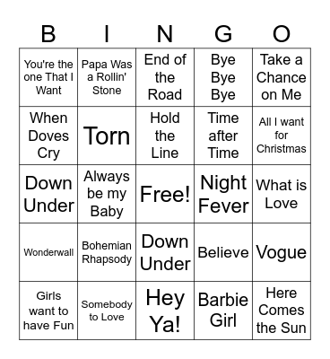 Songs Bingo Card