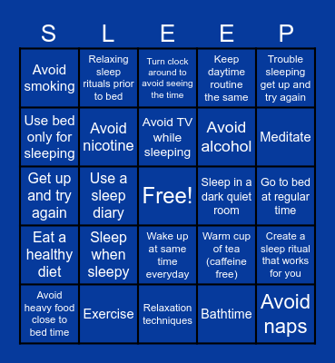 Sleep Hygiene Bingo Card