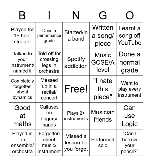 Musician Bingo Card