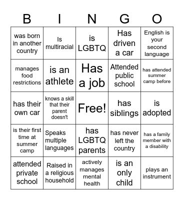 Diversity Bingo Card