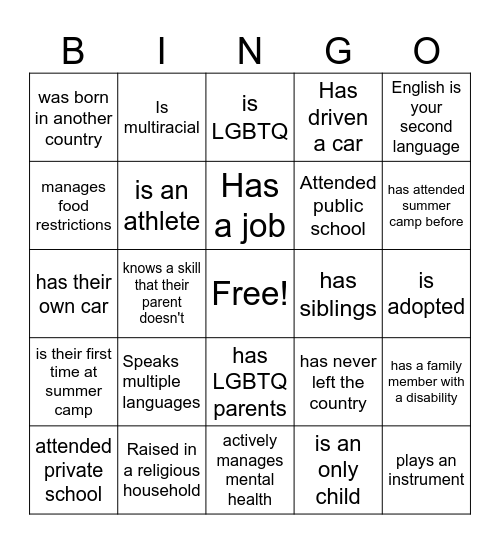 Diversity Bingo Card