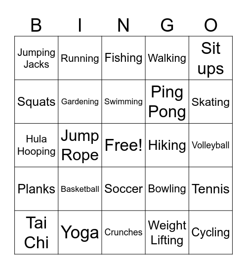 Physical Fitness Bingo Card