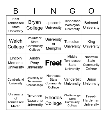 TN Colleges & Universities Bingo Card